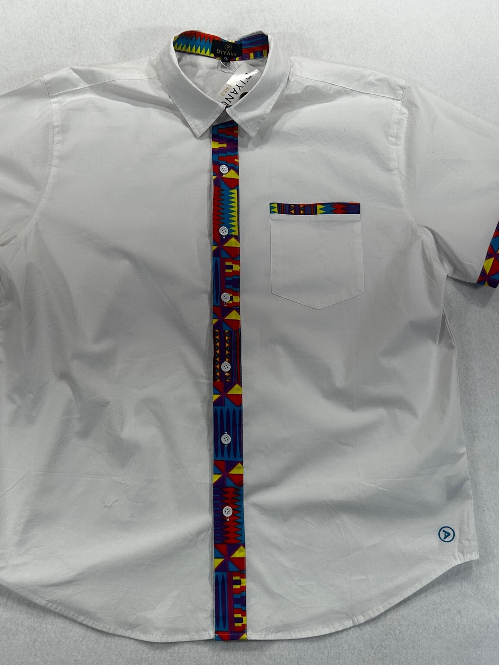 NWT D'IYANU Mens XL White African Print Trim Short Sleeve Button Down Shirt